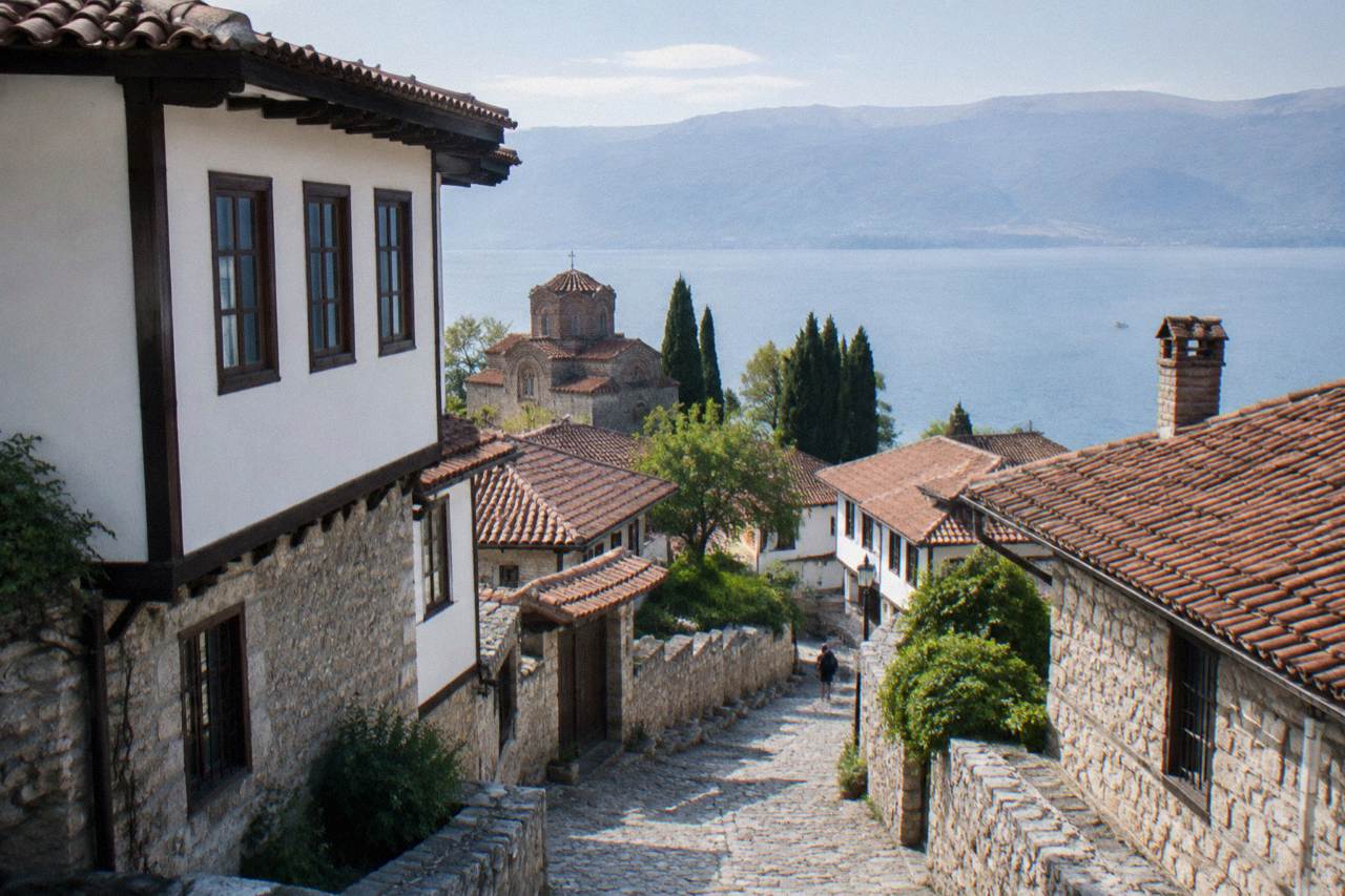 The old town of Ohrid rising from the shore of Lake Ohrid toward the fortress hill