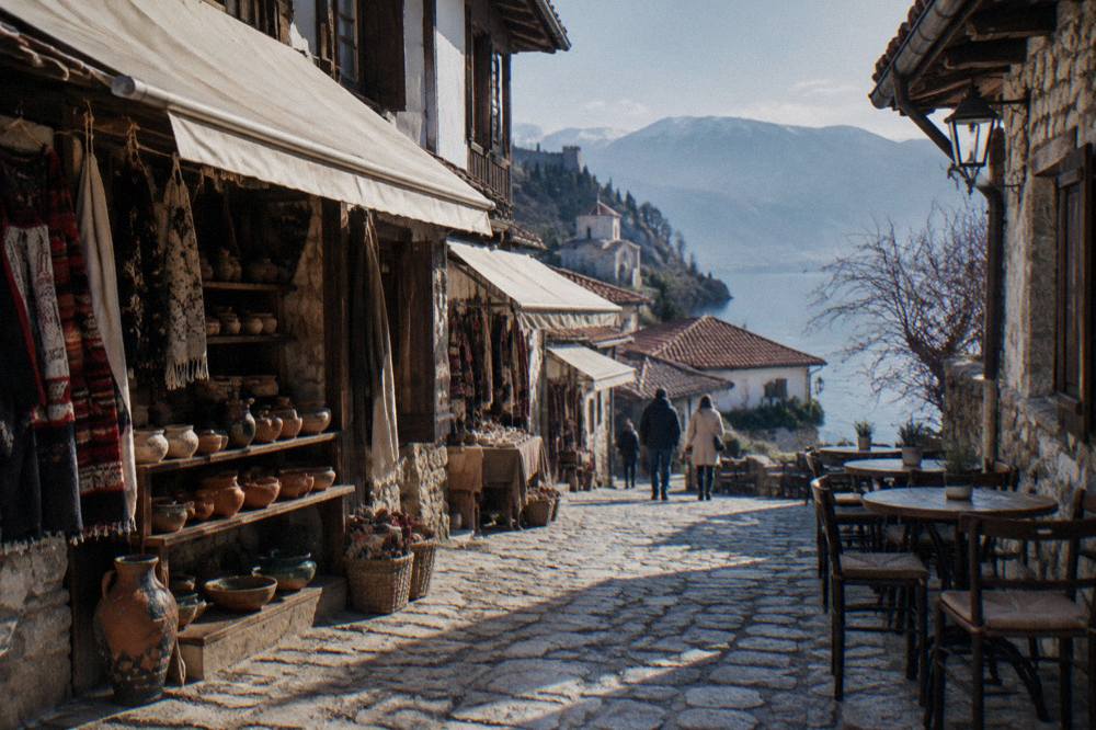 A narrow stone lane in an old lakeside town with cafe tables set against a wall