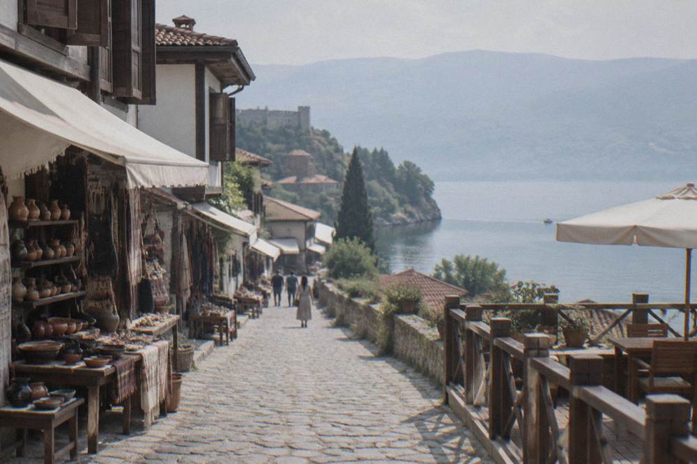 A wooden terrace with a railing overlooking a calm lake and hills on the far shore