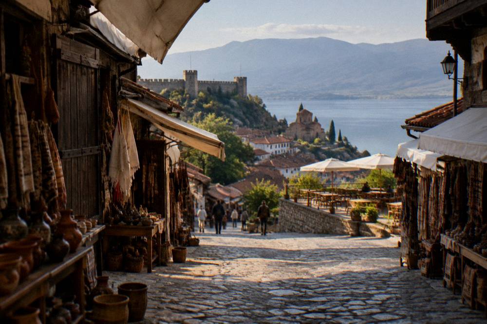 Stone fortifications on a hill above a town with a lake beyond and tables on a terrace below