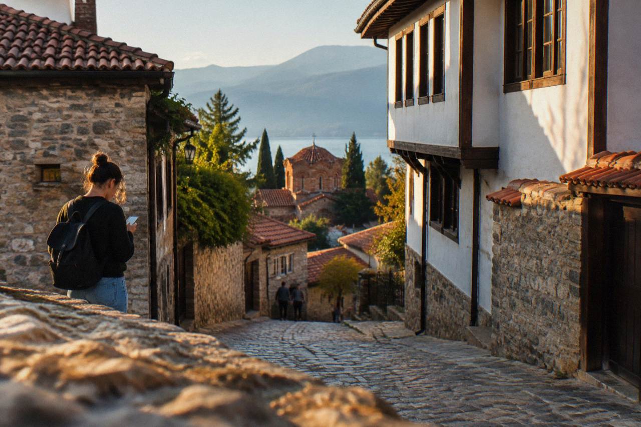 A narrow stone lane in Ohrid old town with a visitor checking a phone