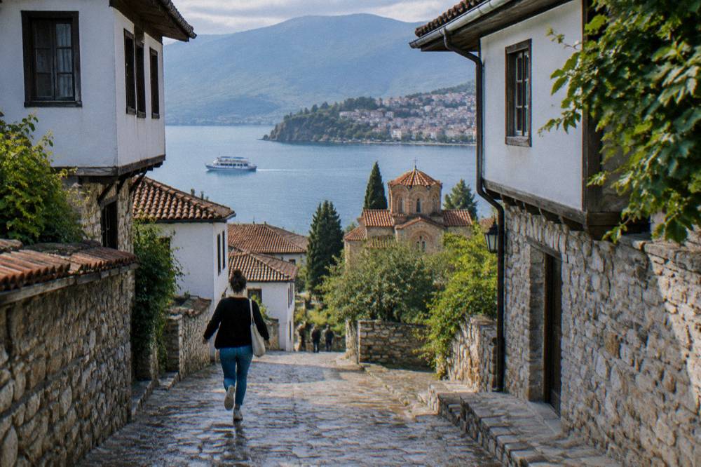 A boat crossing Lake Ohrid with the shore town behind it