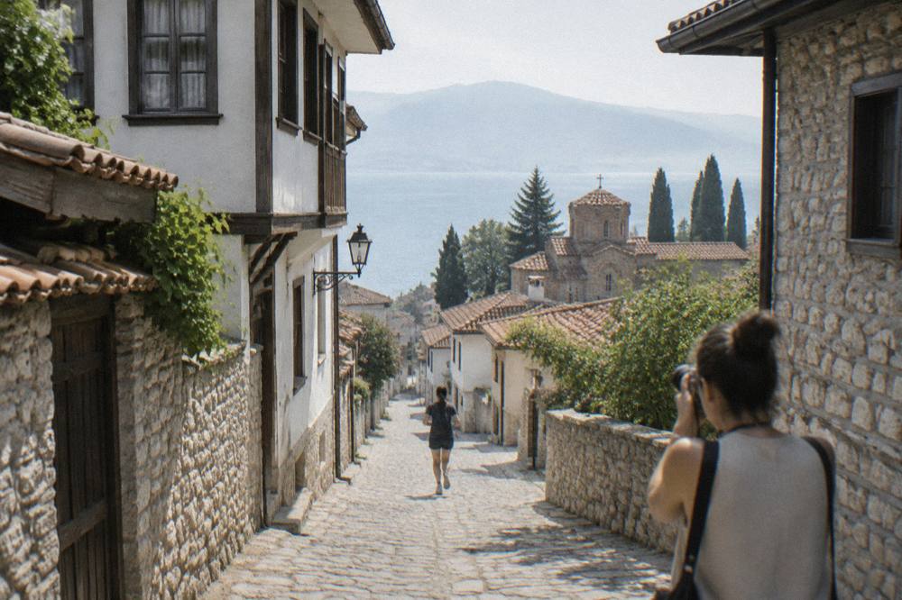 A visitor photographing a Cyrillic street sign on a stone building in Ohrid