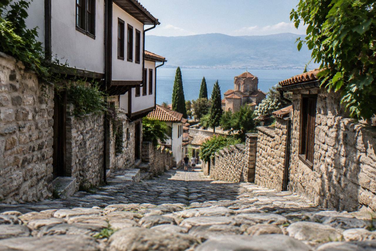 Stone lanes of Ohrid old town rising toward a hilltop fortress above a blue lake