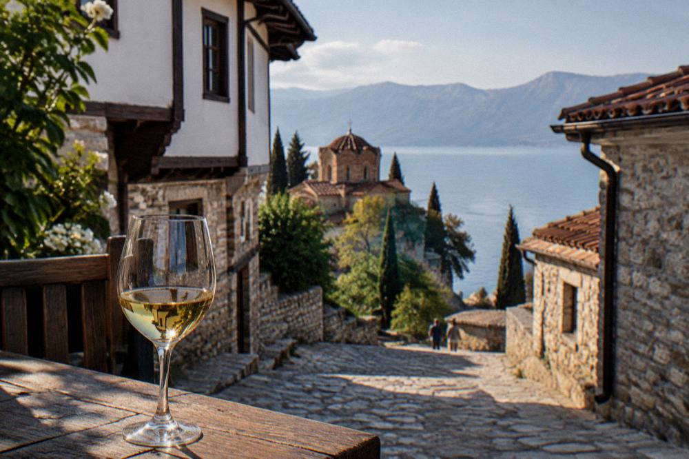 A wine glass on a wooden table beside a lake view at sunset