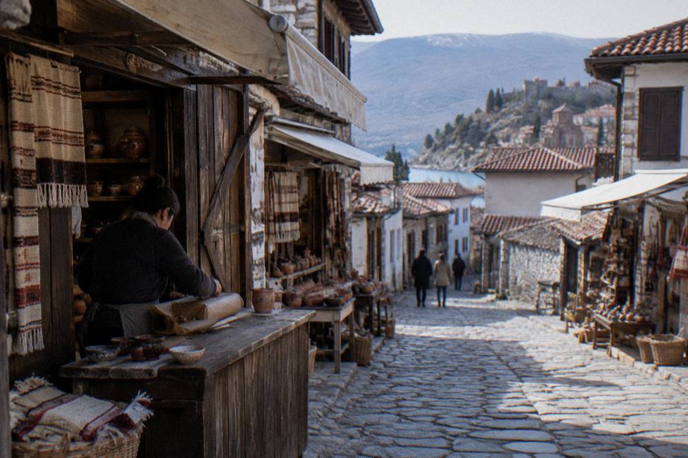 A shopkeeper wrapping a purchase in paper at a counter in Ohrid's bazaar