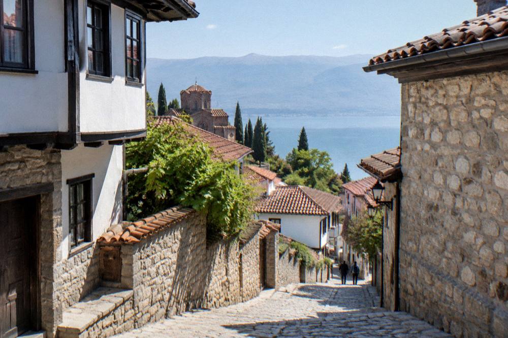 The stone lane leading up through Ohrid's old town toward the fortress walls