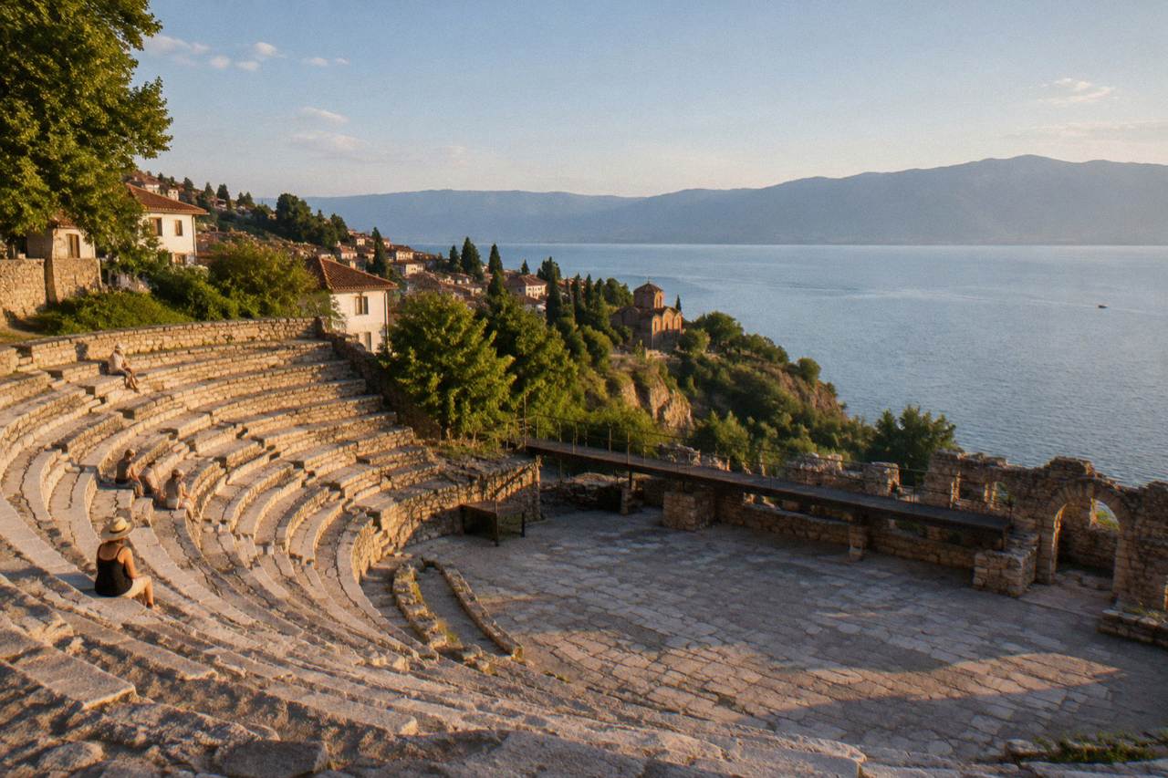 An open-air stone theatre on a hillside above a lake town at dusk