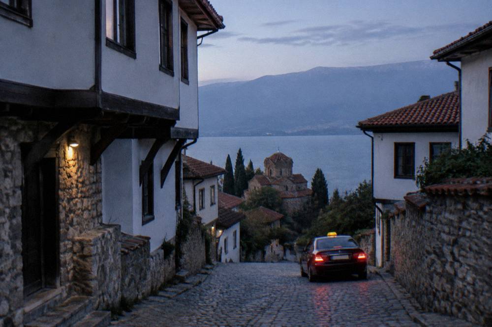 A taxi waiting on a quiet street near the Ohrid lakefront in the evening