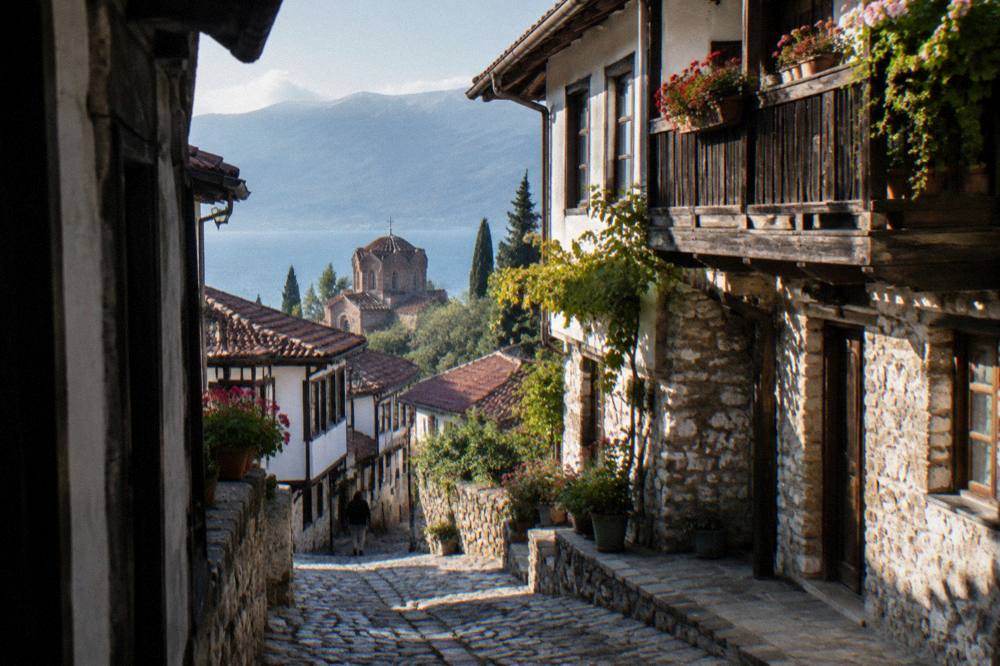 A narrow stone street in Ohrid old town with wooden balconies and potted flowers
