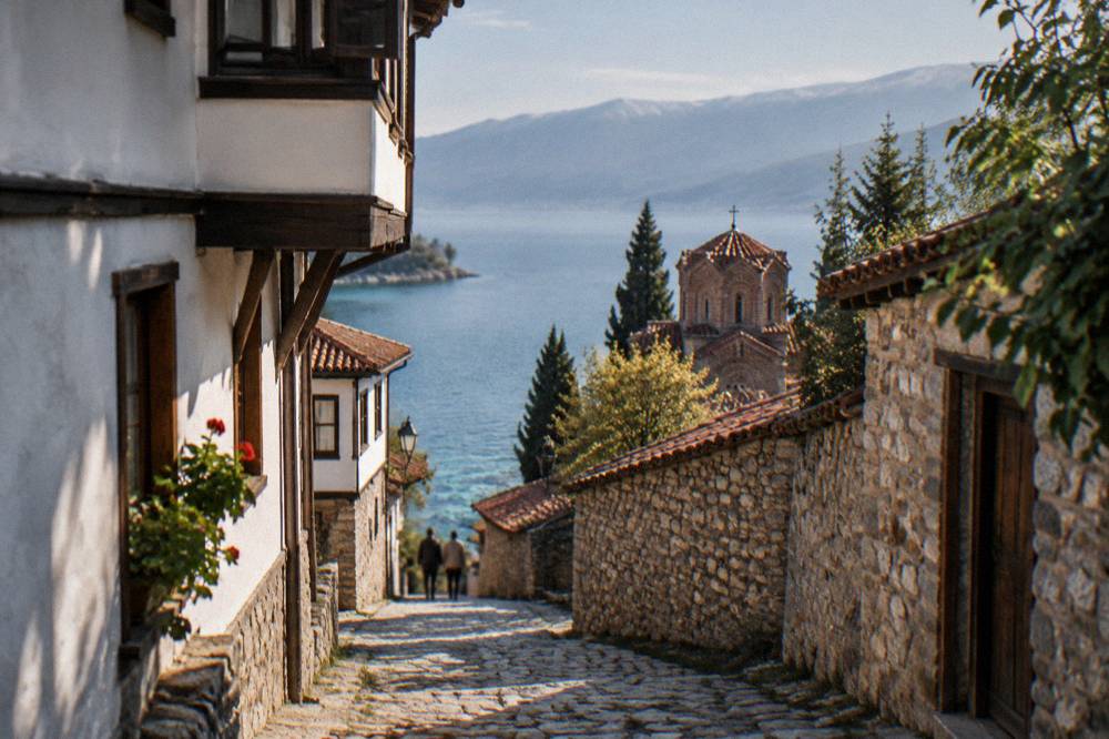 Clear turquoise shallows of Lake Ohrid along a stony shoreline