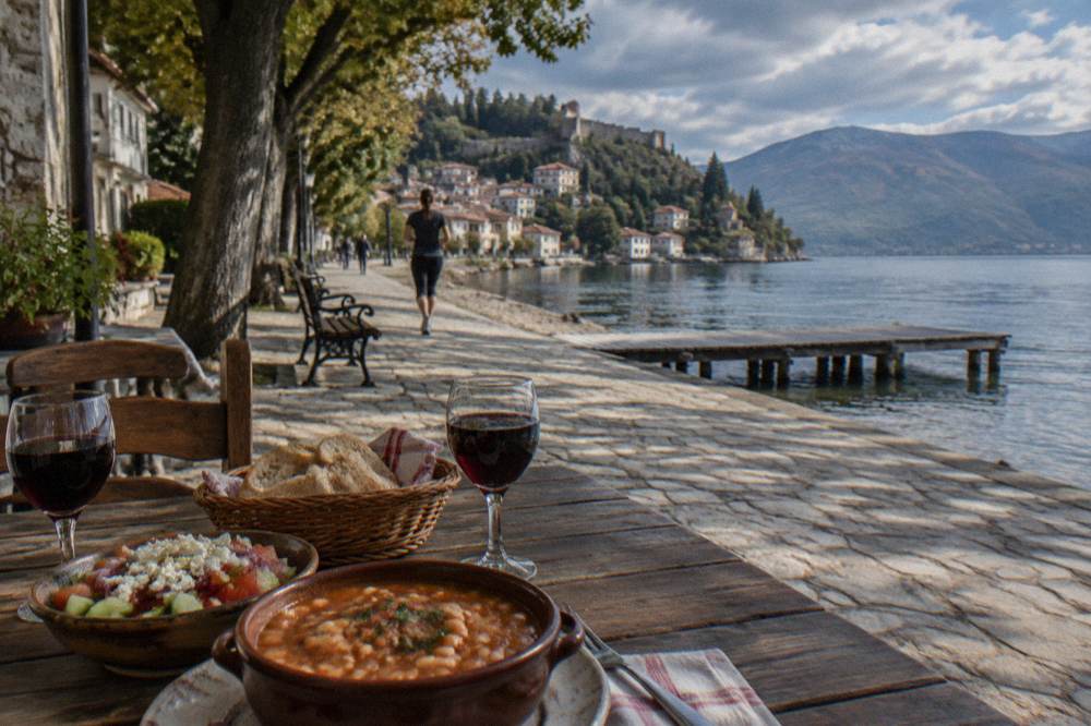 A rustic Macedonian table set with bean stew, salad, bread and glasses of red wine