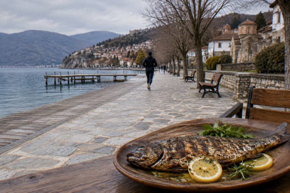 Grilled whole trout with lemon and herbs on a rustic plate close up