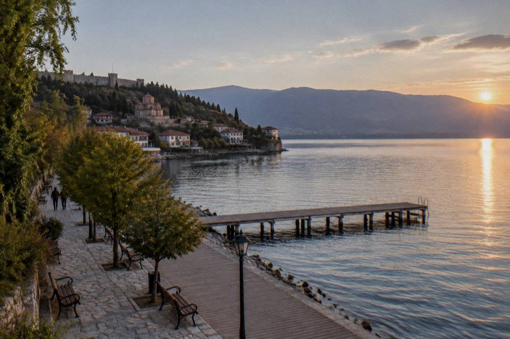 Wooden jetty extending into Lake Ohrid at sunset