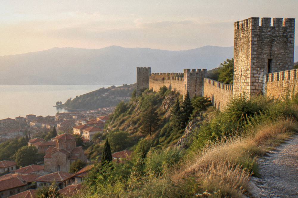 Fortress walls on the ridge above Ohrid at golden hour