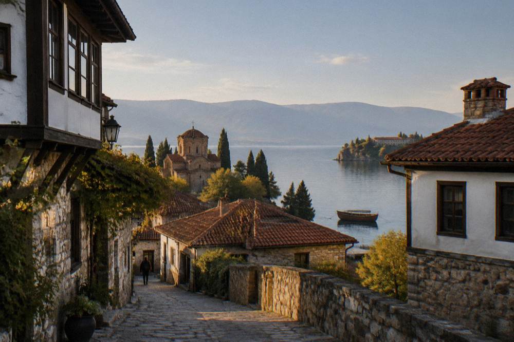 A wooden boat moored on clear water with a monastery building in the distance