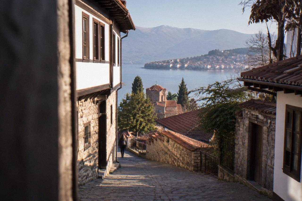 The old town of Ohrid seen across the water of Lake Ohrid under a clear sky