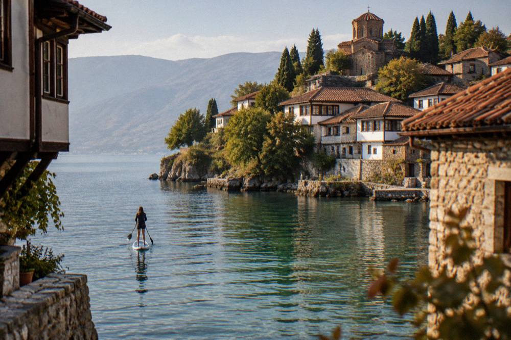 A paddleboarder gliding over clear green water with the Ohrid old town shoreline behind
