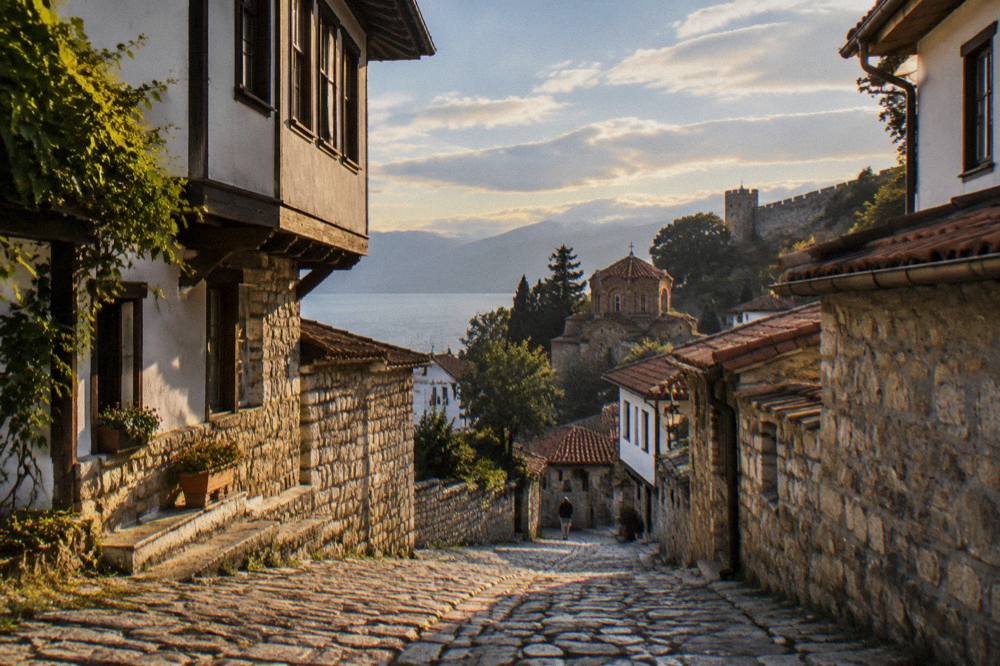 A stone lane in the Ohrid old town climbing toward the fortress under a mixed sky