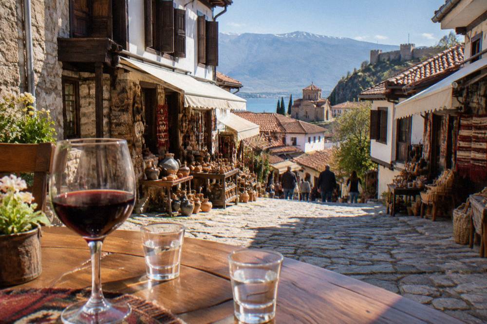 Wine glass and small spirit glasses on a table