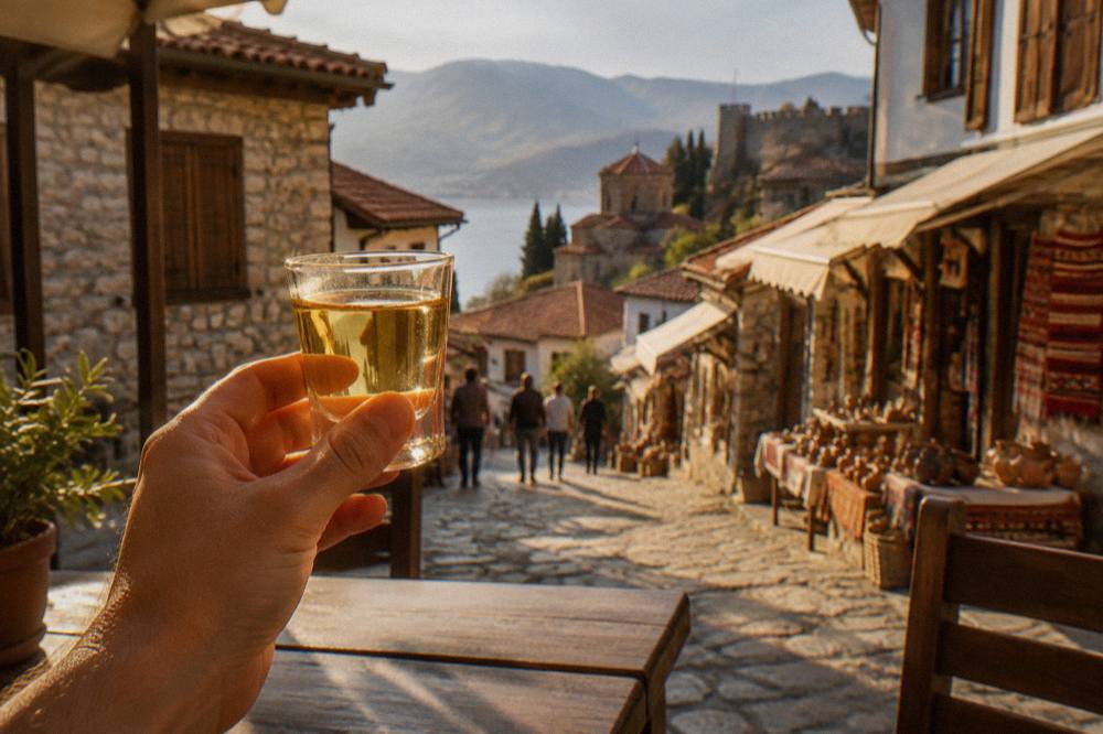 A small clear glass of rakija held up against the light on a restaurant terrace