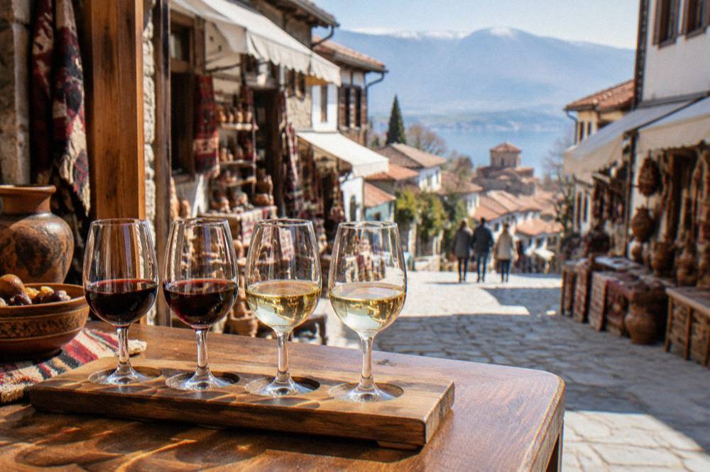 A tasting flight of red and white Macedonian wines in glasses on a winery counter