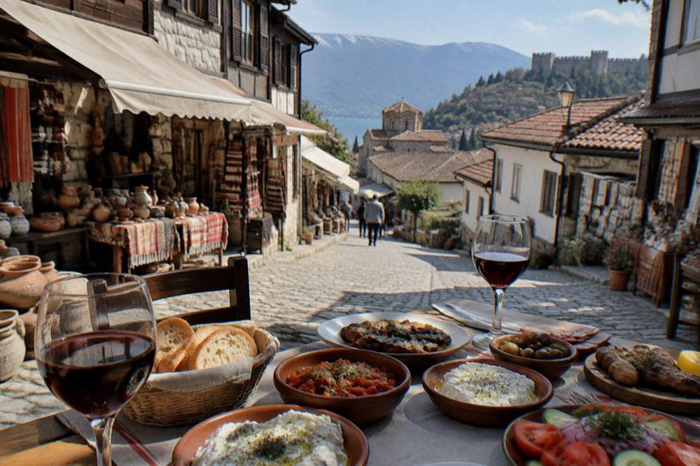 A spread of Macedonian meze dishes with bread, salad and glasses of wine on a table