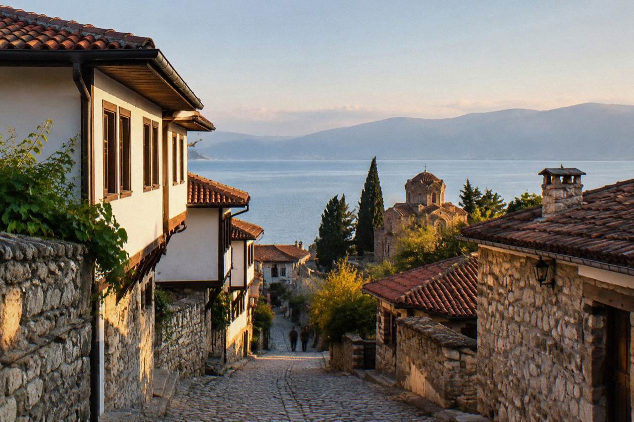 A road winding through green mountains toward the blue water of Lake Ohrid