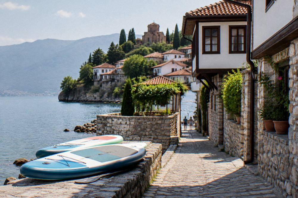 Paddleboards resting on a stone jetty with the old town of Ohrid behind