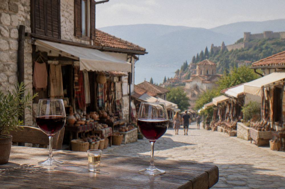 Two glasses of red wine and a small glass of rakija on a wooden table