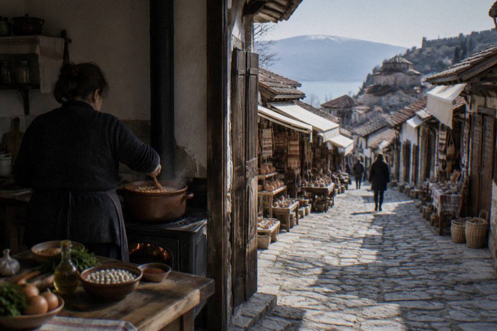 A cook stirring a pot in a home kitchen with ingredients on the counter
