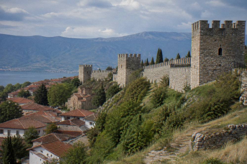 Stone walls and towers of Samuel's Fortress above the old town of Ohrid