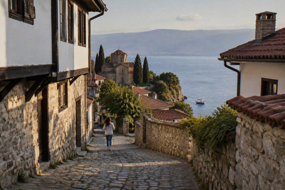 A small boat on the clear blue water of Lake Ohrid below the old town cliffs