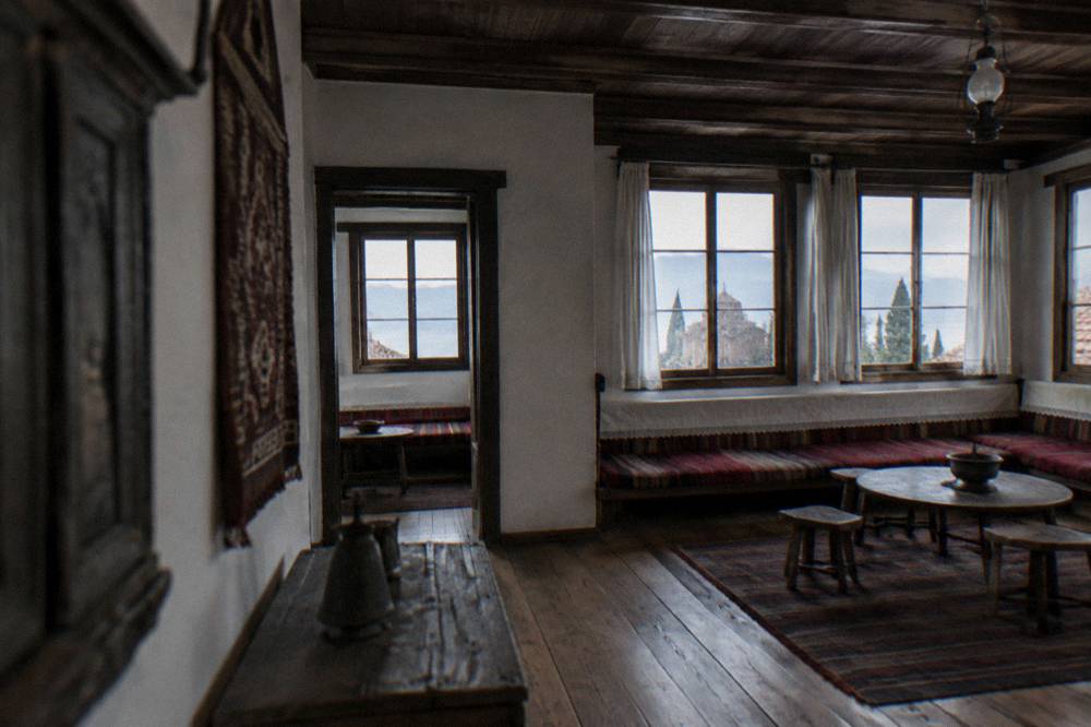 Interior of a traditional Ohrid museum house with wooden ceilings and exhibits