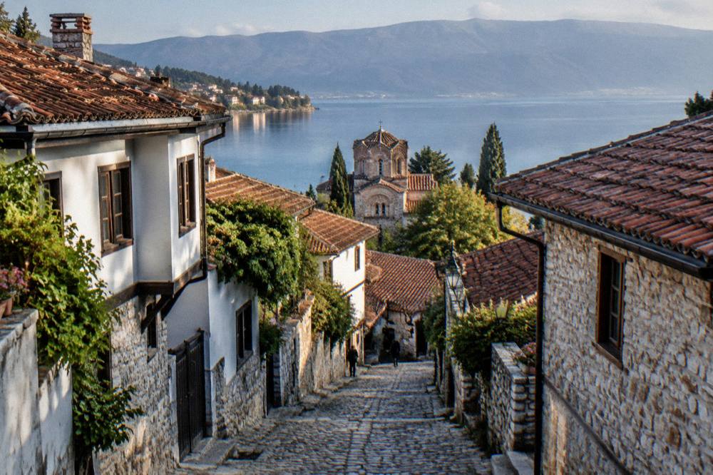 Evening lights of Ohrid old town reflected in the calm water of the lake