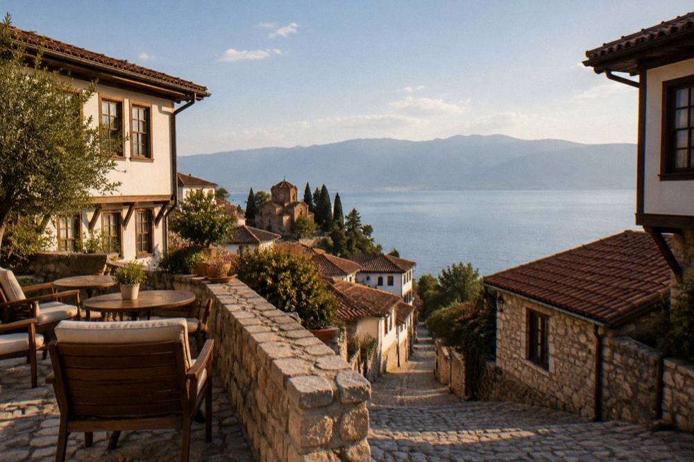 A guesthouse terrace above Lake Ohrid with chairs facing the water and mountains beyond