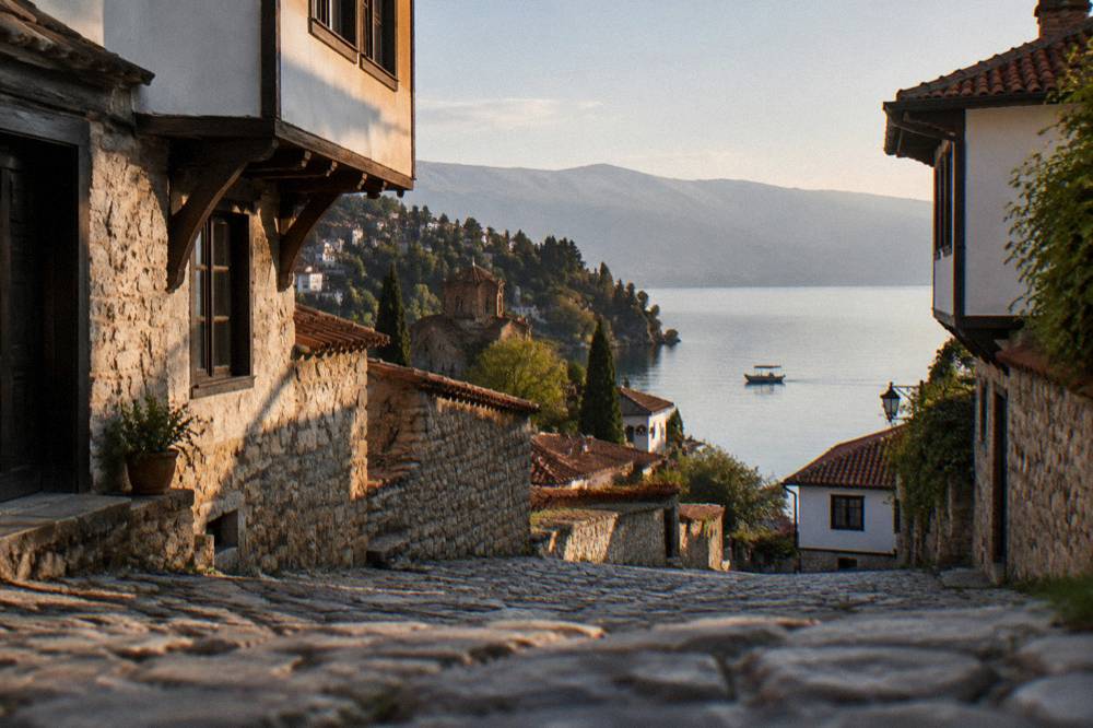 A small boat on calm Lake Ohrid water at sunset with the old town hillside behind