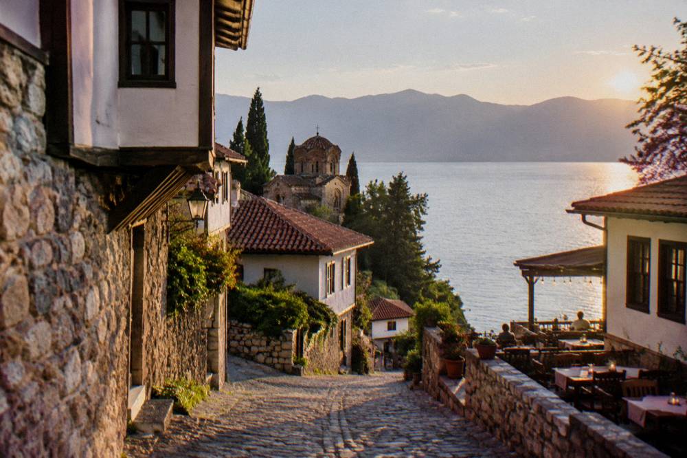 Tables set for dinner beside Lake Ohrid at dusk with lights reflecting on the water