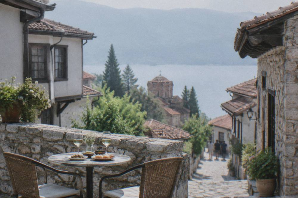 A table for two with wine glasses and small plates on a stone terrace in Ohrid