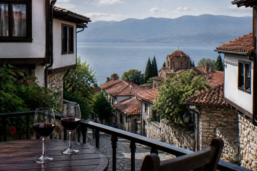 Two glasses of wine on a balcony overlooking the red roofs of Ohrid and the lake