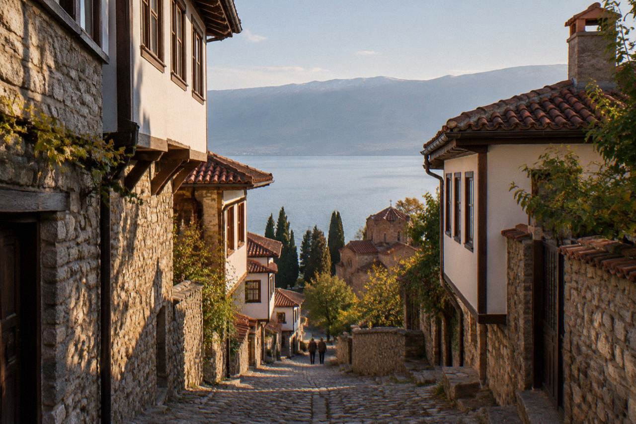 Stone houses of Ohrid old town rising above the clear water of Lake Ohrid