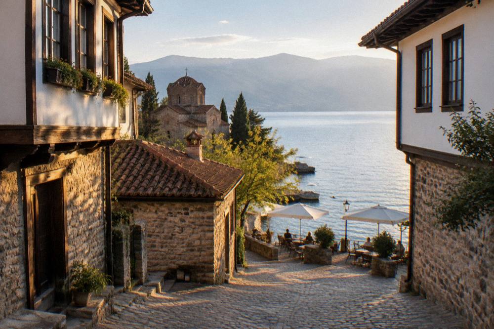 Cafe tables along the water at Ohrid harbour in morning light