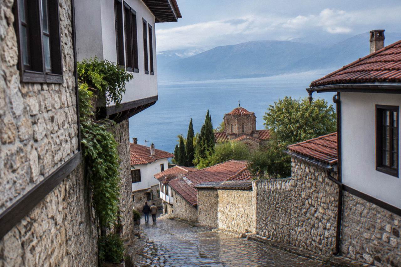 Ohrid old town rooftops above the blue water of Lake Ohrid