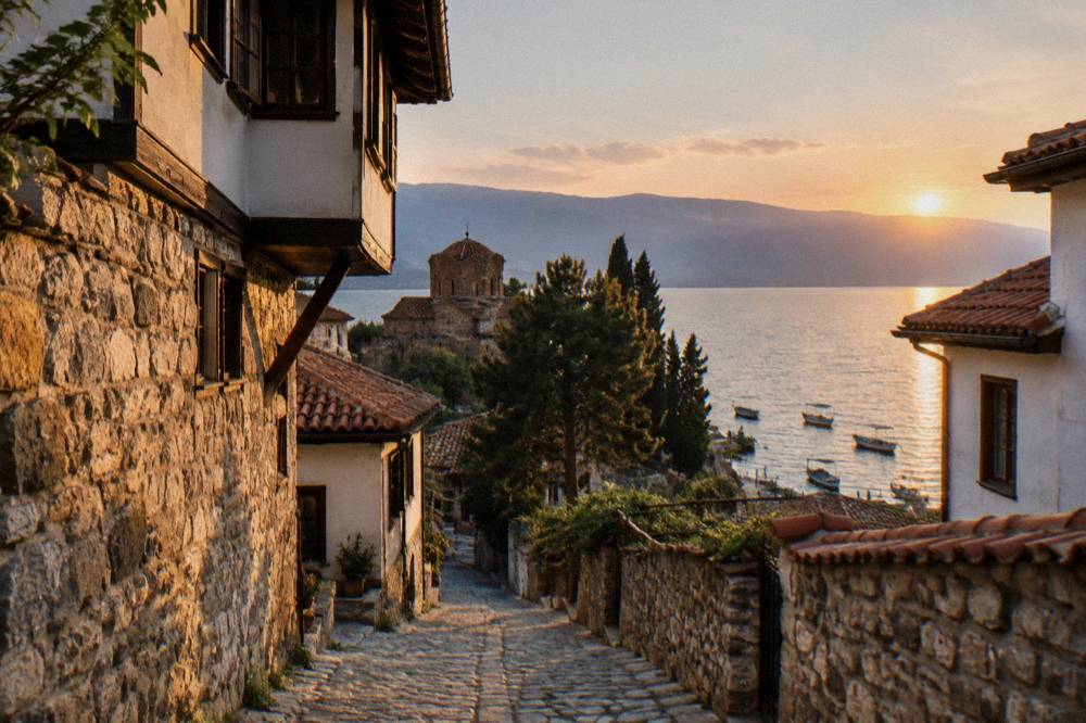 Evening light over Lake Ohrid with fishing boats near the shore