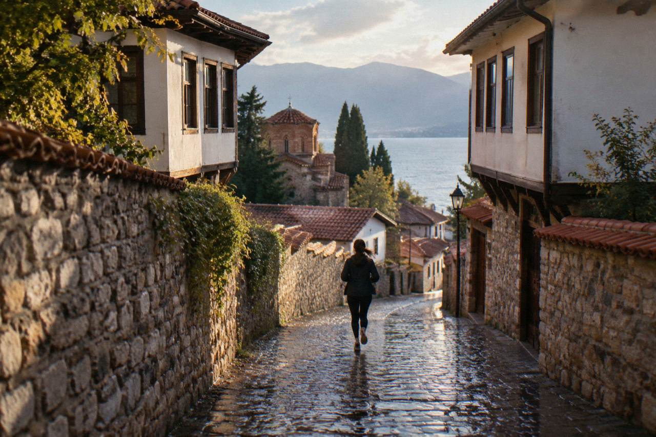 Wet cobblestone lane in Ohrid old town with stone walls glistening after rain