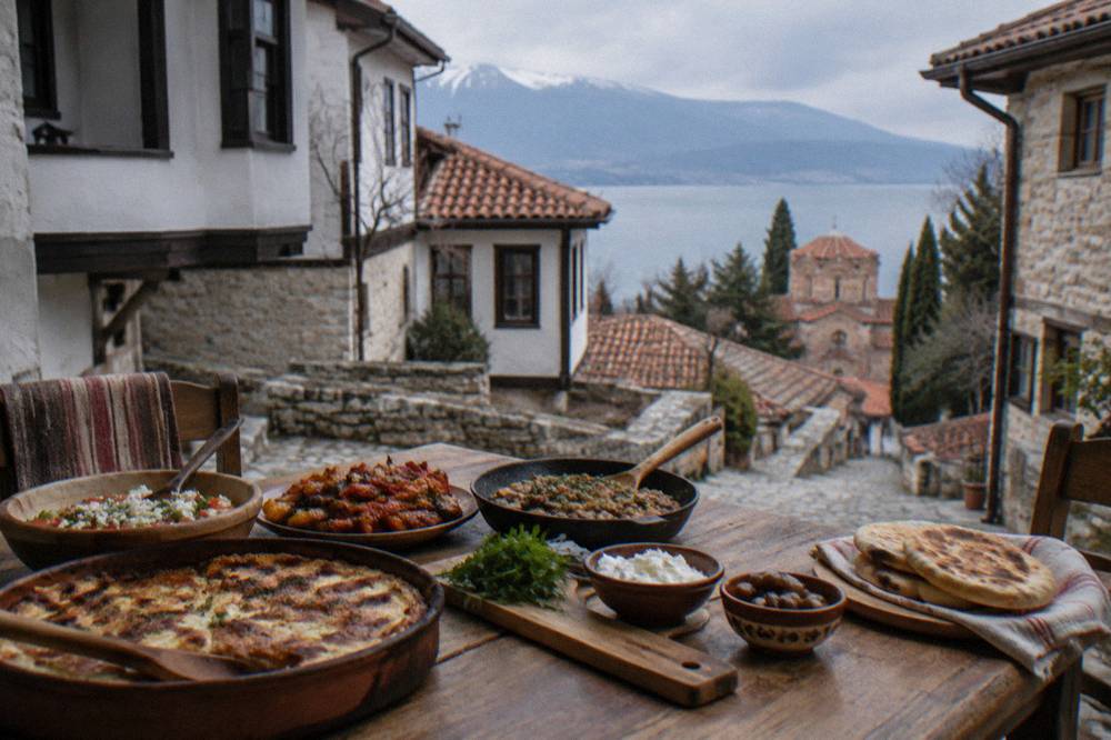 Prepared dishes on a wooden table during a cooking class in Ohrid