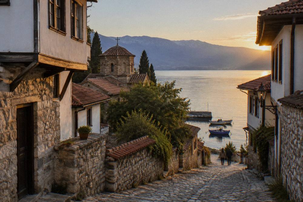 A stone quay at dusk with small boats moored on calm lake water
