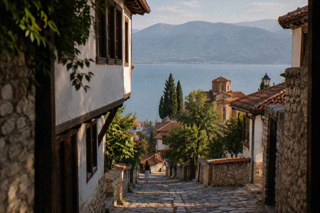 The old town of Ohrid rising from the shore of Lake Ohrid toward the fortress walls