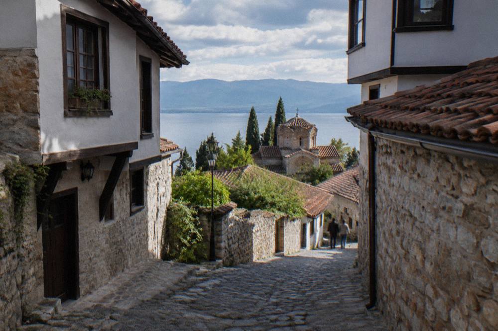 Stone lanes climbing through the old town of Ohrid toward the fortress