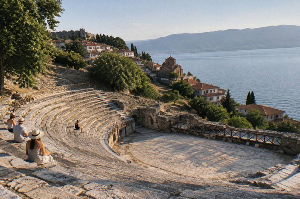 Rows of stone seating at the Ancient Theatre of Ohrid under an open sky